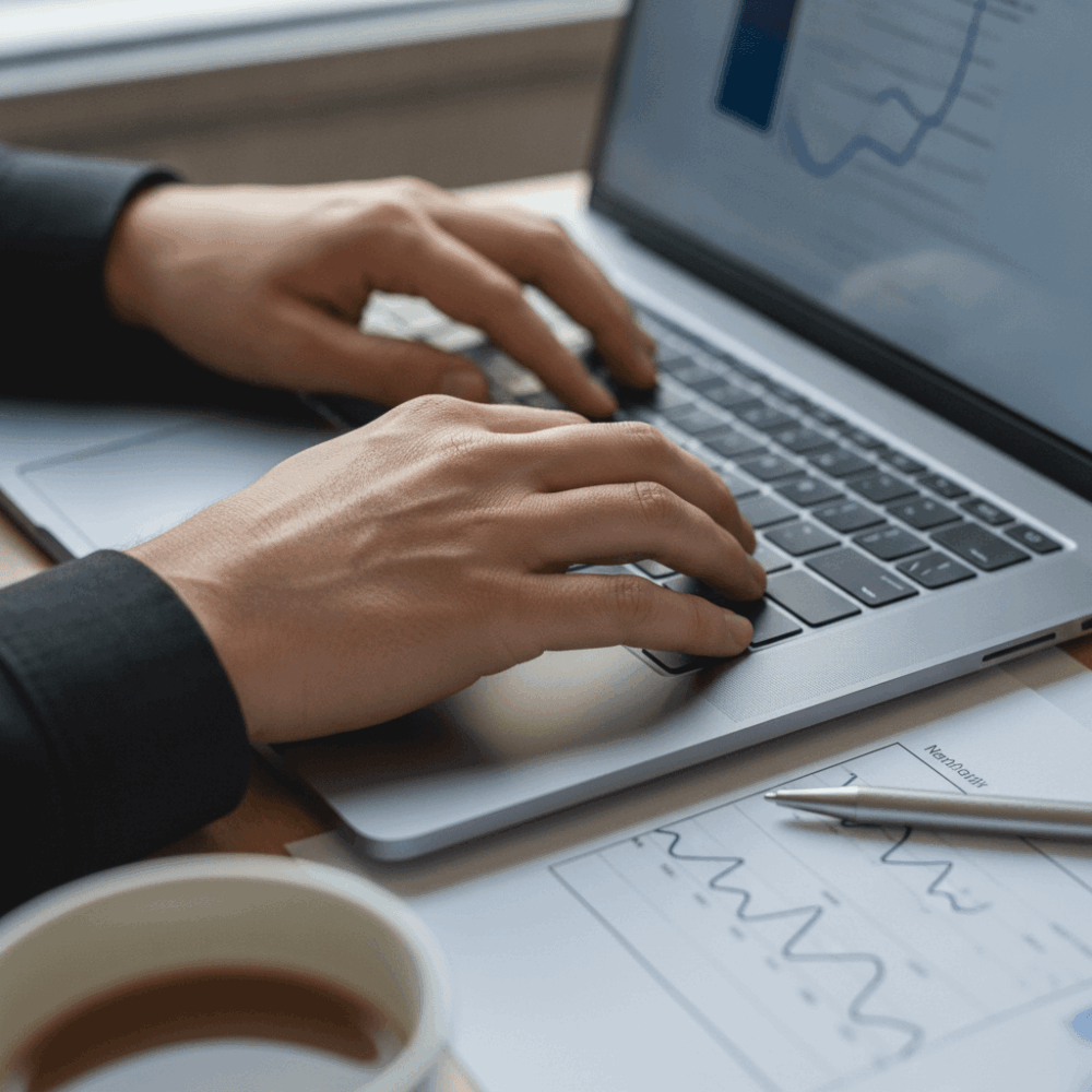 Gros plan sur des mains auditant un site web sur clavier d'ordinateur portable avec rapport imprimé