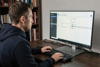Homme adulte naviguant dans les options avancées de Windows 11 pour accéder au BIOS AORUS sur un PC de bureau
