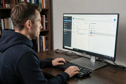 Homme adulte naviguant dans les options avancées de Windows 11 pour accéder au BIOS AORUS sur un PC de bureau