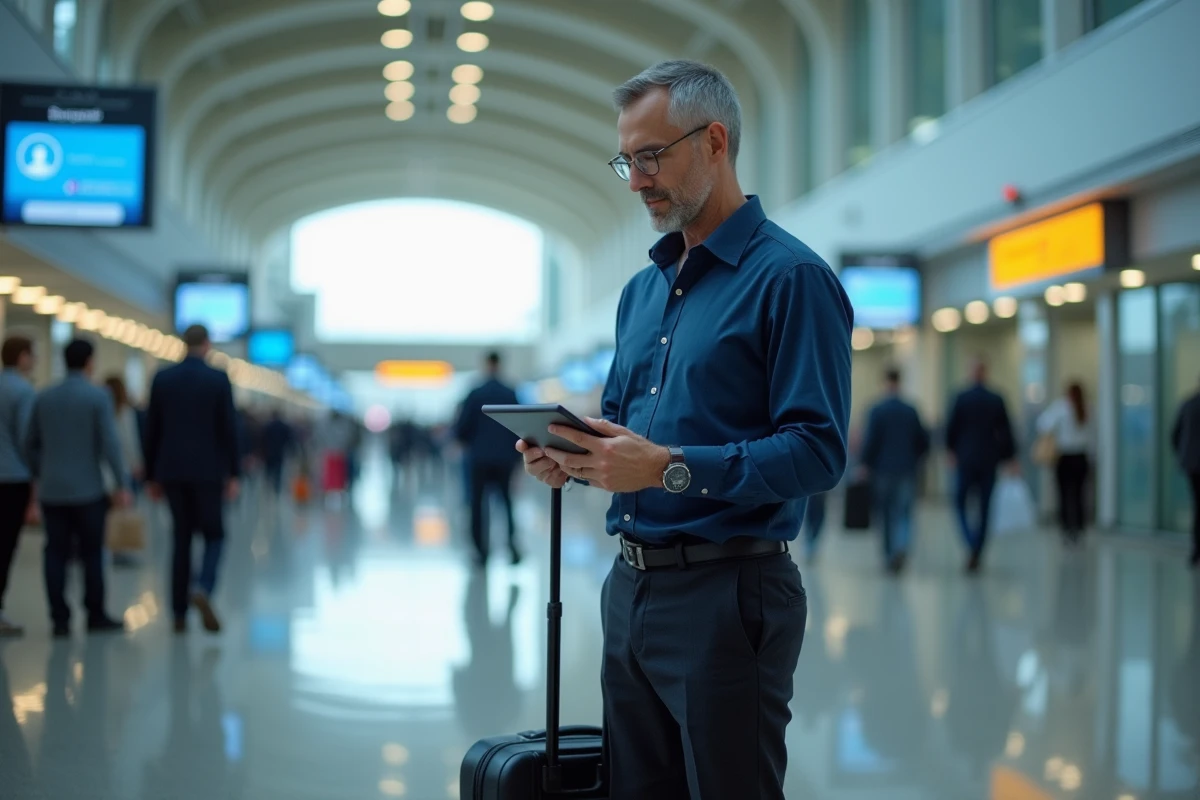 Homme d'affaires se connectant à son réseau professionnel sur une tablette dans un terminal d'aéroport