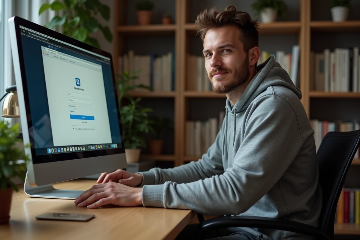 Homme consultant un webmail depuis son bureau à domicile avec un ordinateur de bureau