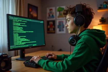 Adolescent configurant un hébergeur serveur Minecraft gratuit sur son ordinateur de bureau dans une chambre gaming