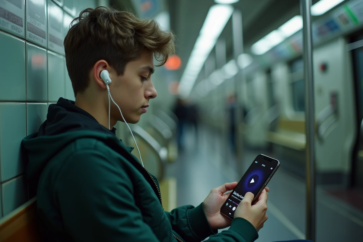 Adolescent écoutant de la musique MP3 hors ligne avec des écouteurs sans fil dans le métro pendant son trajet quotidien