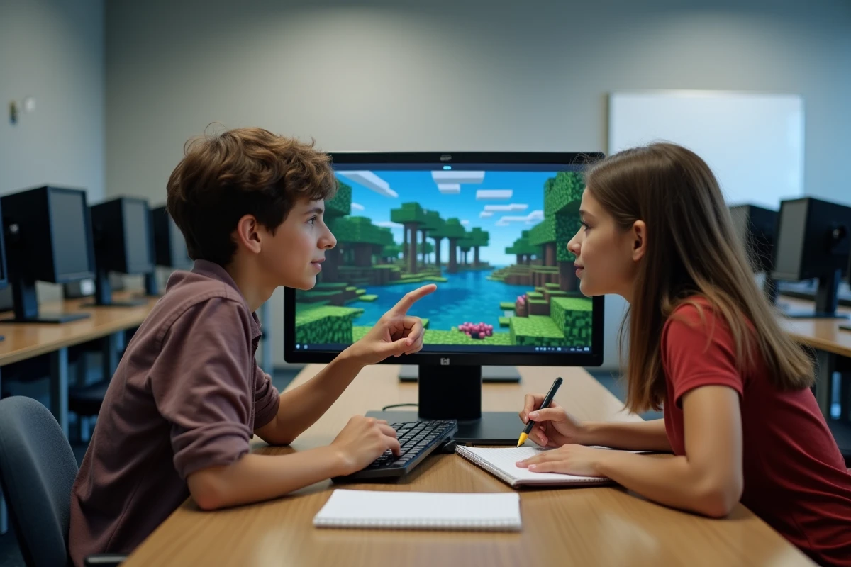 Deux adolescents analysant les performances d'un serveur Minecraft gratuit sans lag dans une salle informatique