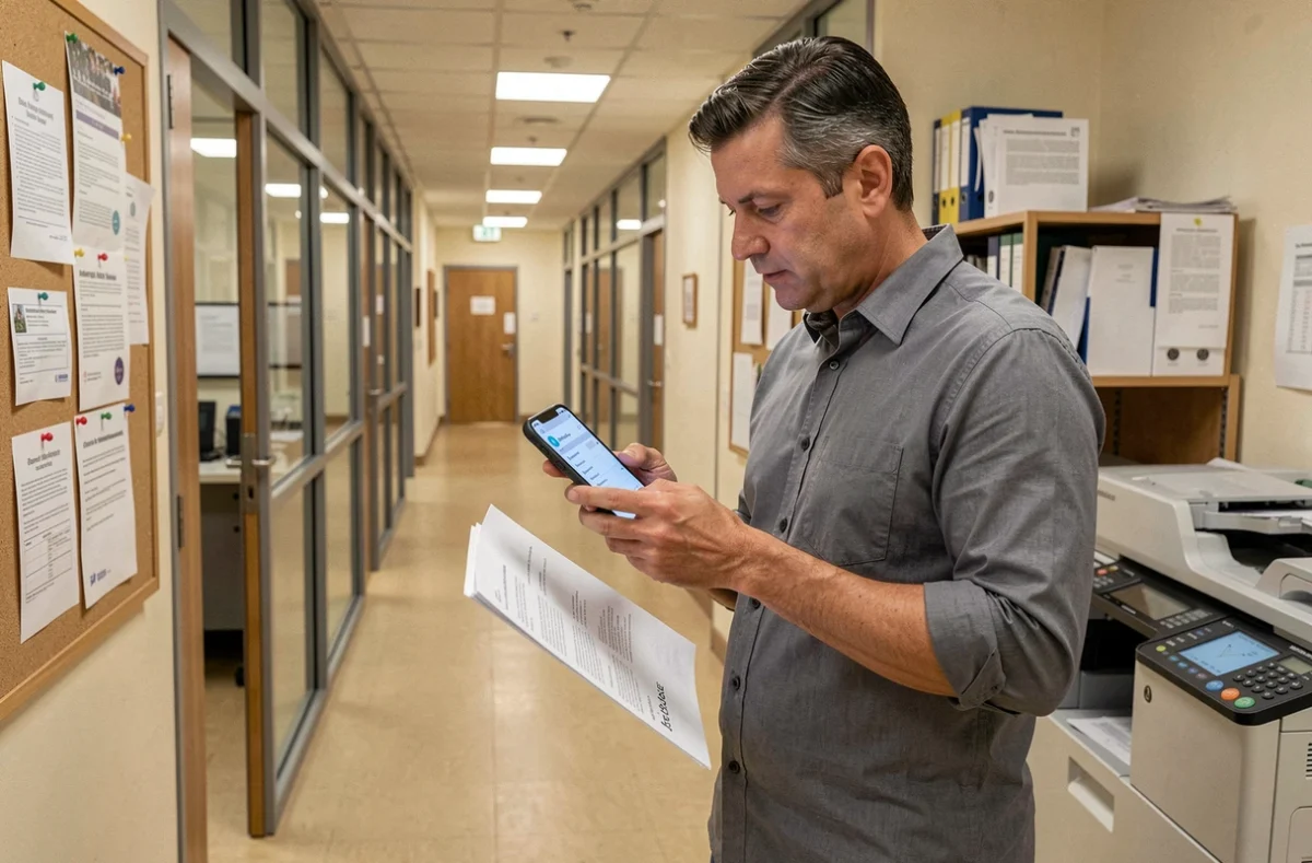 Un agent public consulte ses emails professionnels sur smartphone dans un couloir de bâtiment administratif