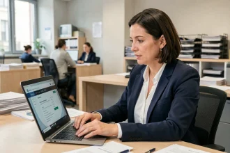 Une agente publique consulte le portail Mélanie Web sur son ordinateur portable dans un bureau administratif moderne
