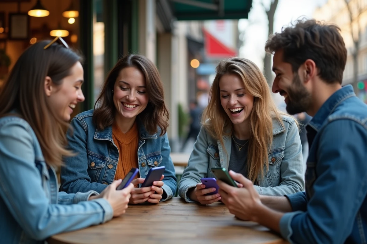 Groupe d amis souriants avec leurs smartphones en extérieur