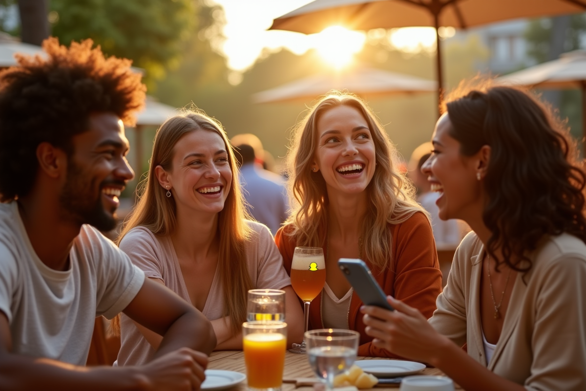 Groupe d amis riant avec emoji cœur Snapchat en extérieur