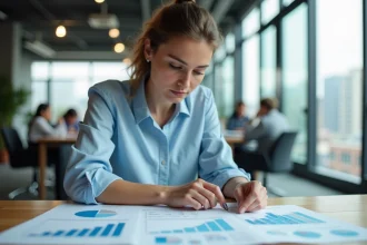 Analyste marketing féminine étudiant des graphiques de données de marché dans un bureau moderne