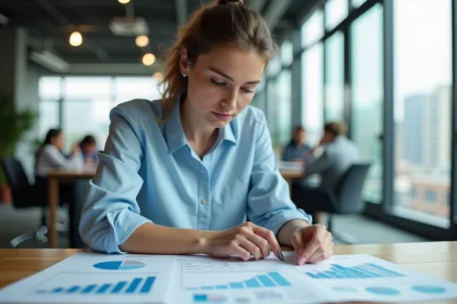 Analyste marketing féminine étudiant des graphiques de données de marché dans un bureau moderne
