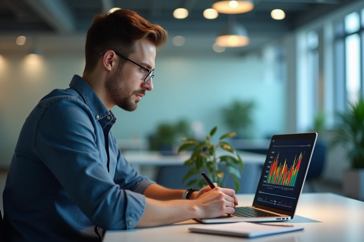 Jeune homme concentré analysant un tableau de bord numérique