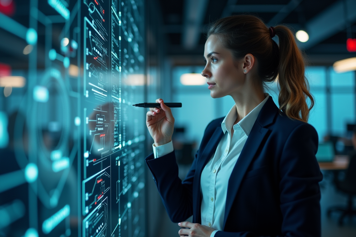 Analyste cybersécurité étudiant des diagrammes numériques