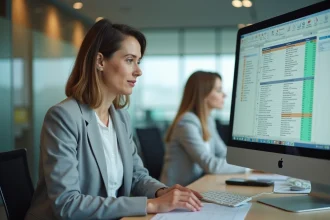 Femme analyste en blazer gris travaillant sur un tableau Excel avec des doublons mis en évidence sur un grand écran de bureau