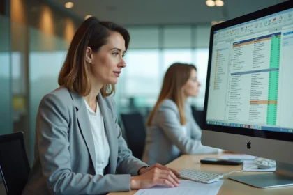 Femme analyste en blazer gris travaillant sur un tableau Excel avec des doublons mis en évidence sur un grand écran de bureau