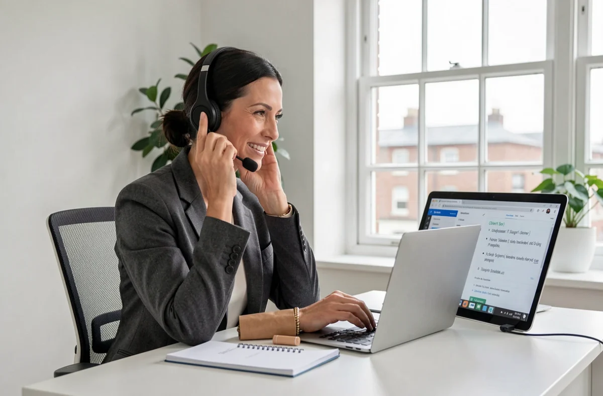 Anne Sophie, technicienne informatique, en consultation téléphonique avec un client depuis son bureau professionnel