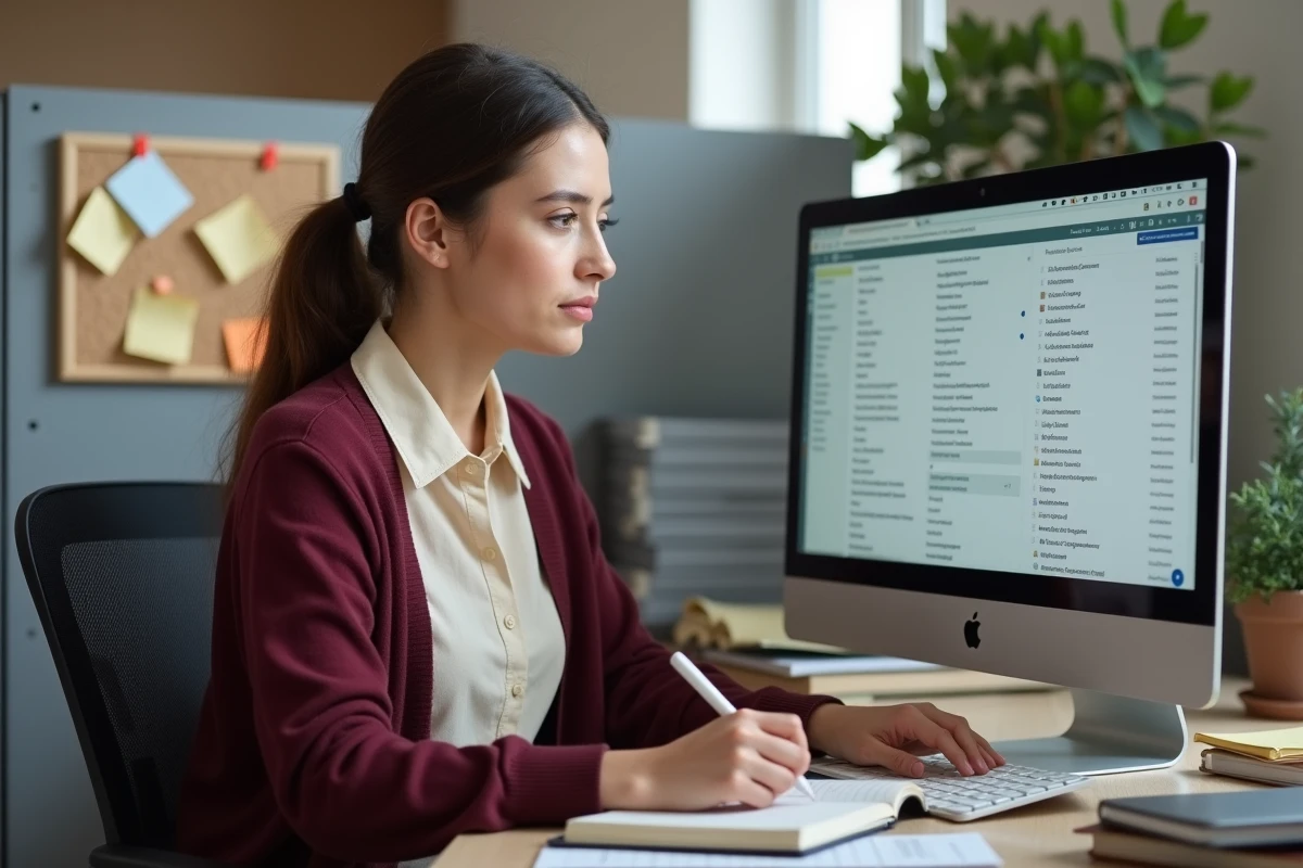 Assistante administrative gérant ses emails via le webmail de l'Académie de Montpellier sur un poste de travail universitaire