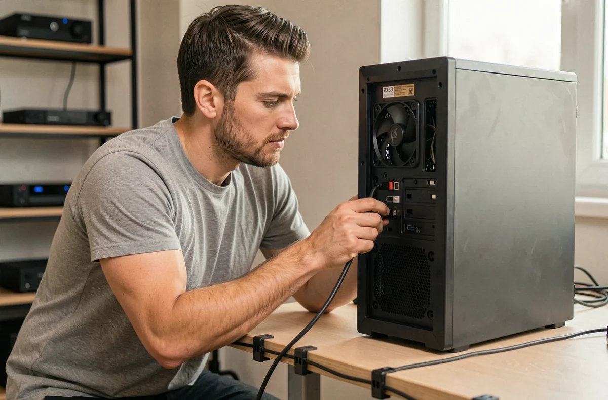 Technicien branchant un câble USB B vers USB C à l'arrière d'un ordinateur de bureau dans un bureau professionnel
