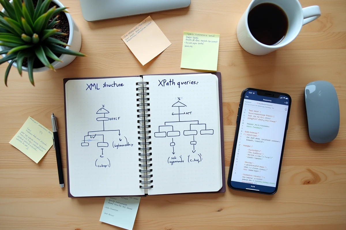 Vue aérienne d'un bureau avec cahier annoté de structures XML et requêtes XPath, smartphone et tasse de café pour illustrer Python