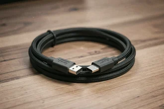 Câble USB B vers USB C posé sur un bureau en bois, connecteurs USB B et USB C visibles en détail