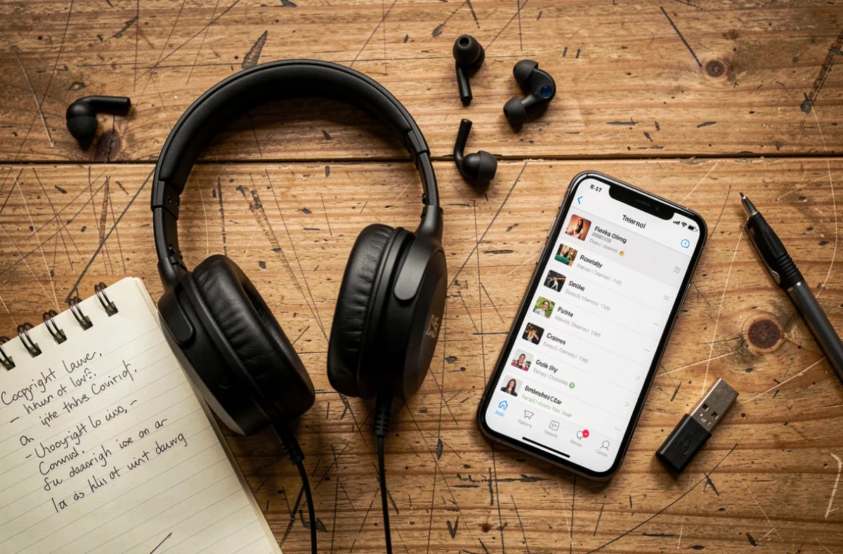 Casque audio, smartphone avec playlist musicale et notes manuscrites sur le droit d'auteur illustrant la question de la légalité du téléchargement YouTube MP3