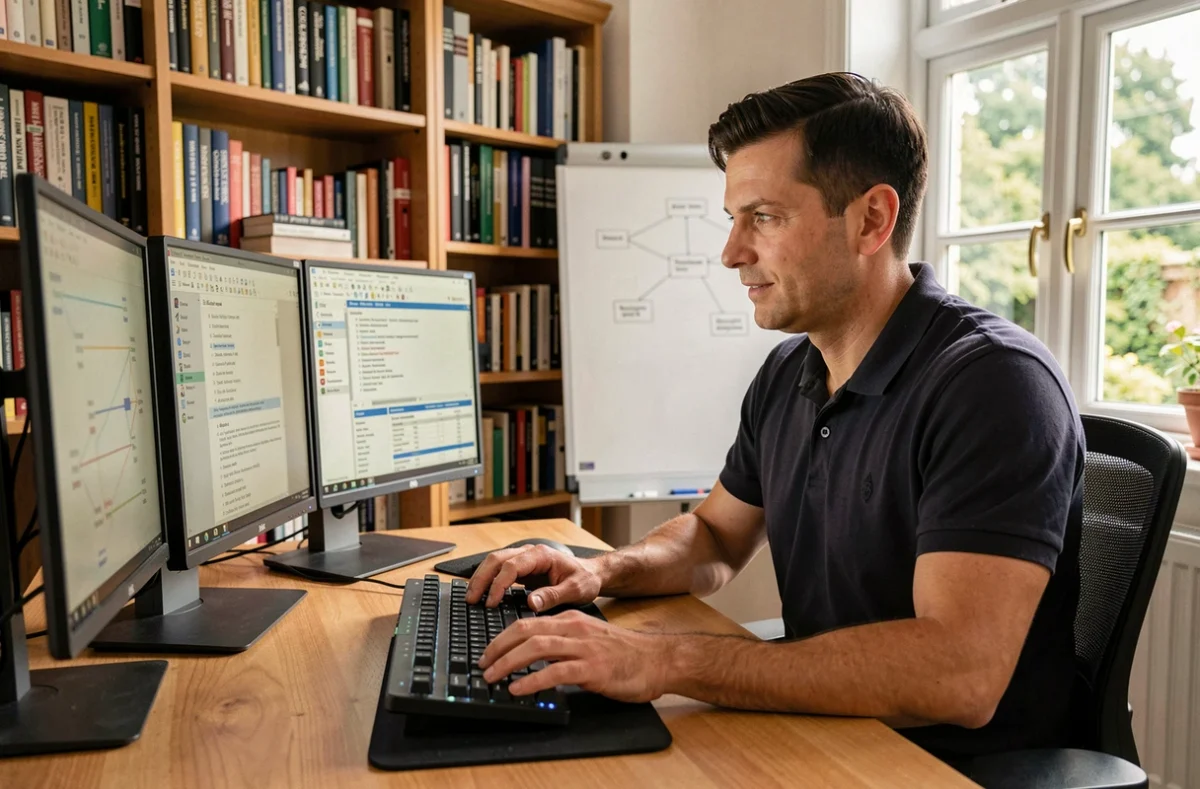 Cédric, informaticien professionnel indépendant, travaillant sur un diagnostic réseau dans son bureau