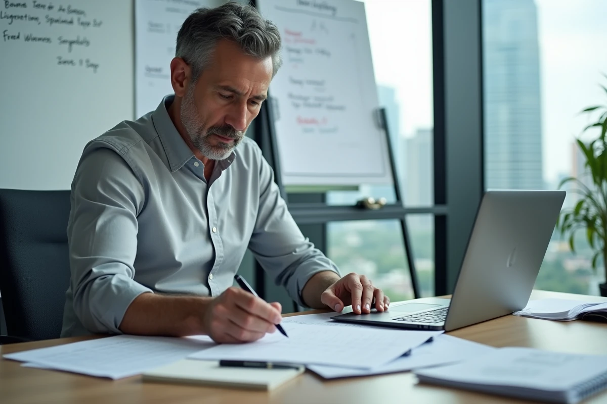 Chef d'équipe analysant un agenda de planning opérationnel sur son bureau avec documents imprimés