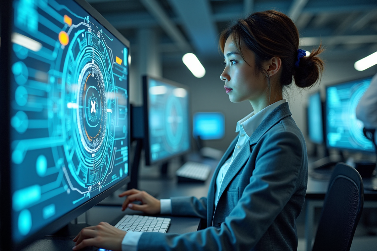 Jeune chercheuse travaillant sur un circuit quantique futuriste