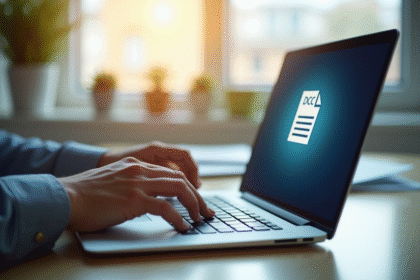 Main tapant sur un clavier d'ordinateur avec icône DOCX visible