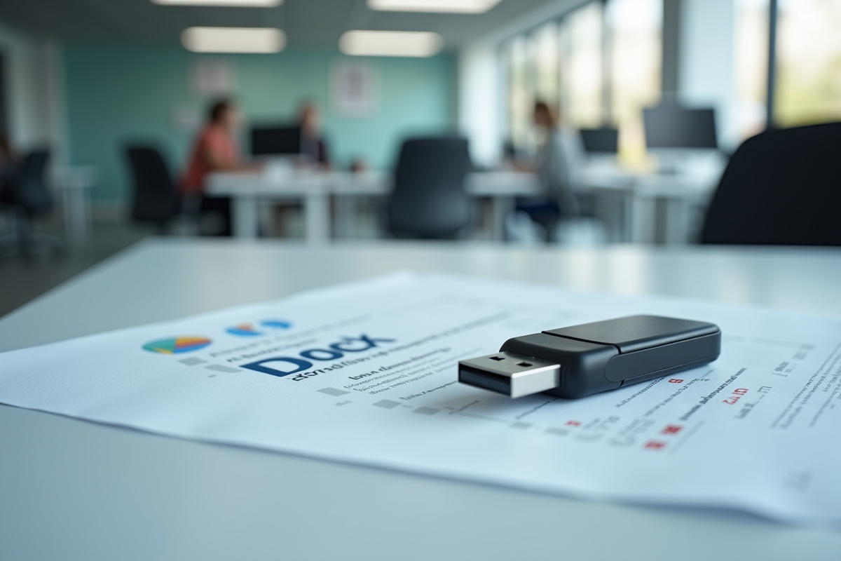 Clé USB et document imprimé avec icône DOCX sur un bureau