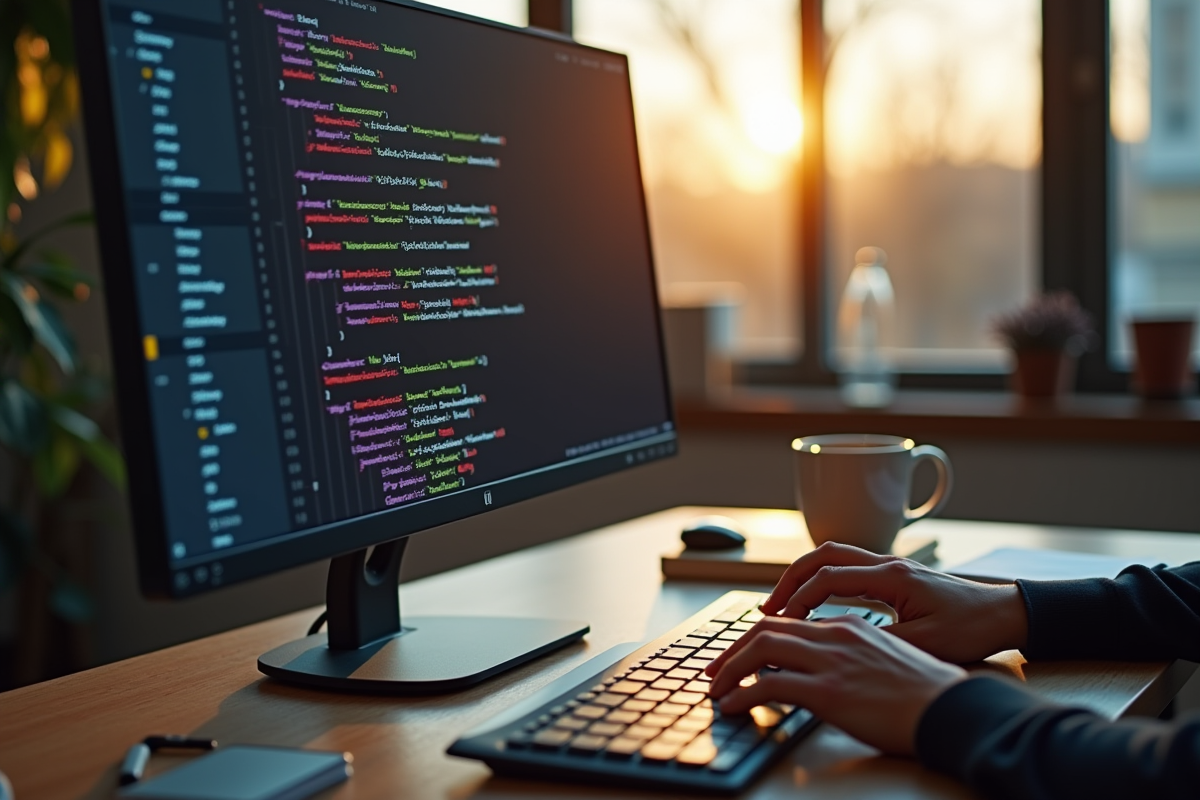 Ecran dordinateur avec code securite et mains de developpeur