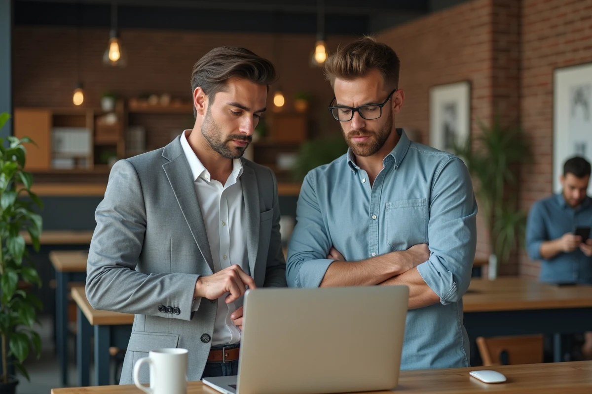 Deux collègues masculins discutant d'un email avec des destinataires en copie, illustrant les tensions professionnelles causées par une mauvaise gestion du Cc et Cci