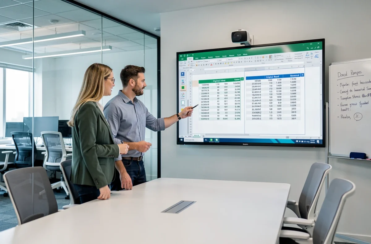 Deux collègues discutant de la mise en forme et de l'inversion automatique d'un tableau Excel sur écran mural en salle de réunion