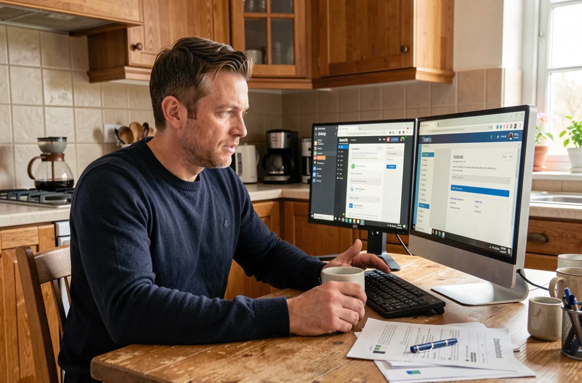Homme comparant webmail académique et messagerie moderne sur ordinateur de bureau à domicile
