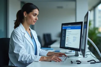 Professionnelle de santé configurant Outlook sur un ordinateur de bureau dans un bureau hospitalier avec messagerie APHP