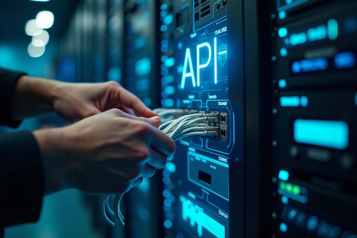 Main connectant câbles réseau avec schéma API en hologramme