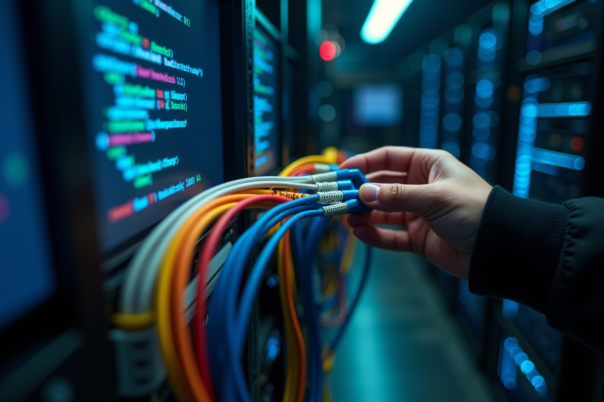 Main connectant câbles ethernet à un serveur avec écrans en arrière-plan