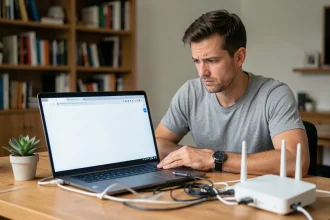 Homme frustré devant un écran vide lors d'une première connexion à mafreebox.freebox.fr avec une Freebox posée sur le bureau
