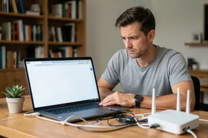 Homme frustré devant un écran vide lors d'une première connexion à mafreebox.freebox.fr avec une Freebox posée sur le bureau