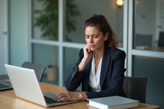 Femme fonctionnaire frustrée face à une erreur de connexion sur sa messagerie académique après un changement d'affectation