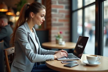 Professionnelle connectée à son réseau d'entreprise via un ordinateur portable dans un café urbain moderne