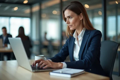 Femme professionnelle connectée à une messagerie webmail sur un ordinateur portable dans un bureau moderne