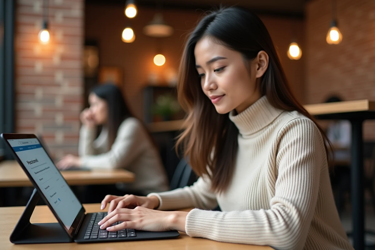 Jeune femme se connectant à un webmail sur une tablette dans un espace de coworking moderne