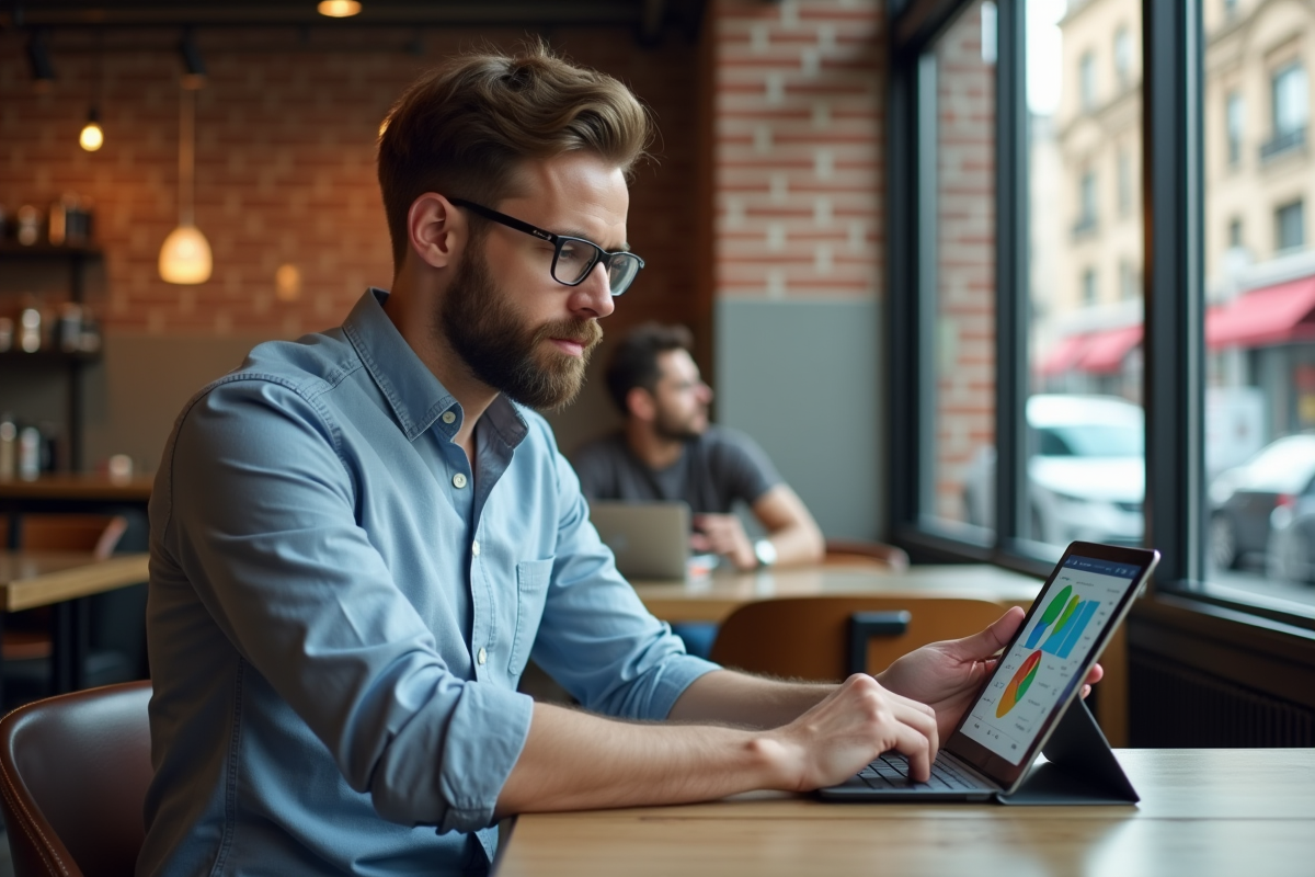 Consultant freelance seul avec une tablette dans un café moderne