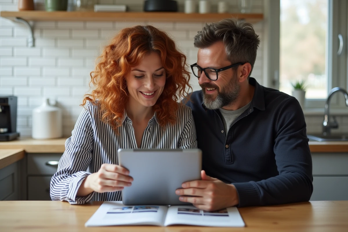 Couple comparant l'application TV SFR et le décodeur classique sur tablette et brochure