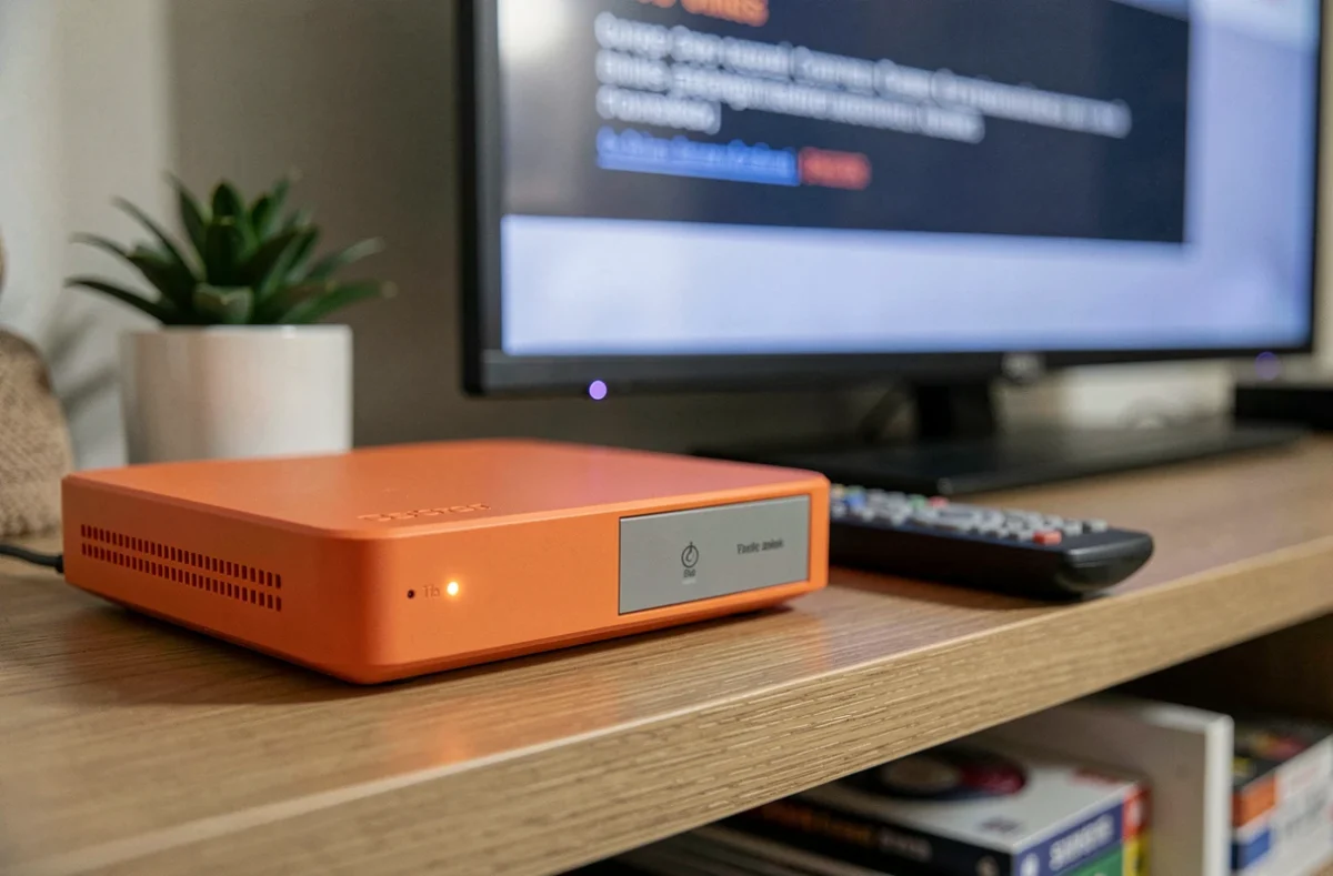Décodeur TV Orange posé sur une étagère avec télécommande, code erreur L11-06 visible en arrière-plan sur l'écran