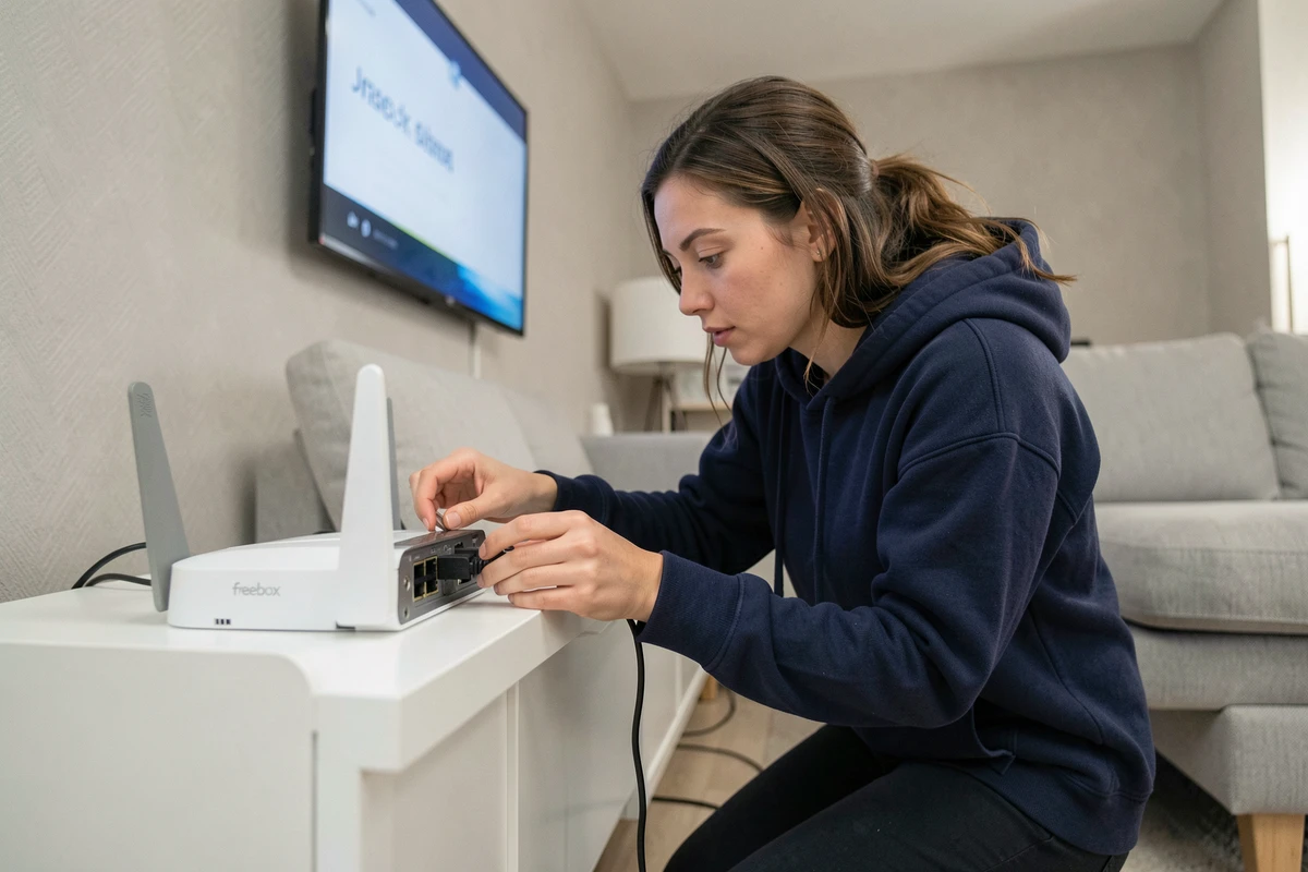 Femme inspectant les câbles d'une Freebox lors d'un dépannage de connexion à l'interface mafreebox.freebox.fr