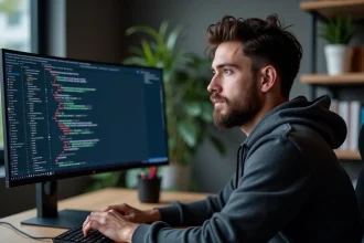 Développeur Python analysant du code XML avec XPath dans un IDE sombre sur écran ultra-wide dans un bureau à domicile moderne
