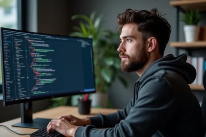 Développeur Python analysant du code XML avec XPath dans un IDE sombre sur écran ultra-wide dans un bureau à domicile moderne