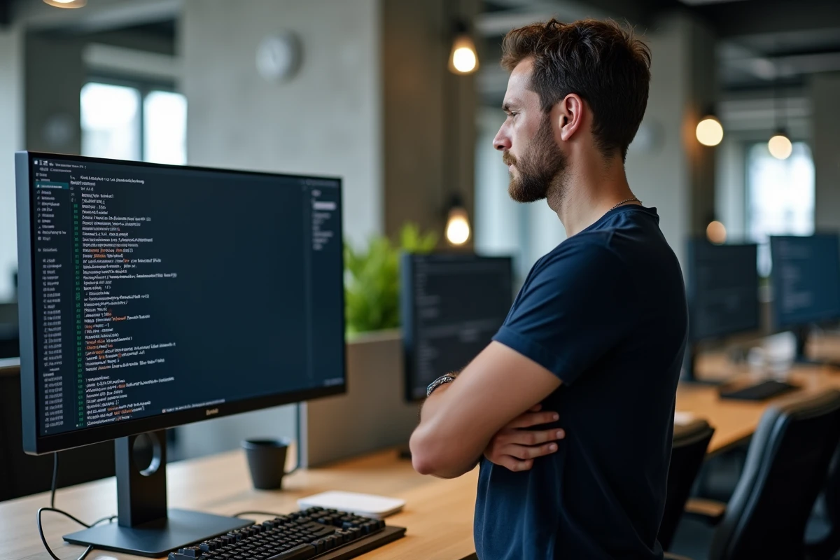 Développeur masculin devant un grand écran affichant des commandes de conversion d'octets en terminal informatique