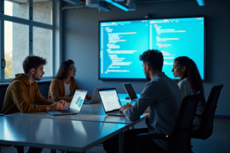Groupe de developpeurs discutant securite logicielle en equipe